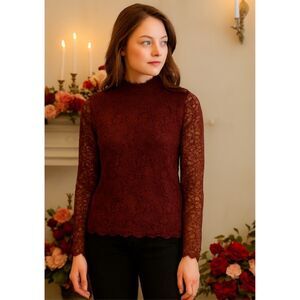 Vince Camuto Lace Blouse Womens Sz XL High Neck Sheer Sleeves Burgundy Romantic